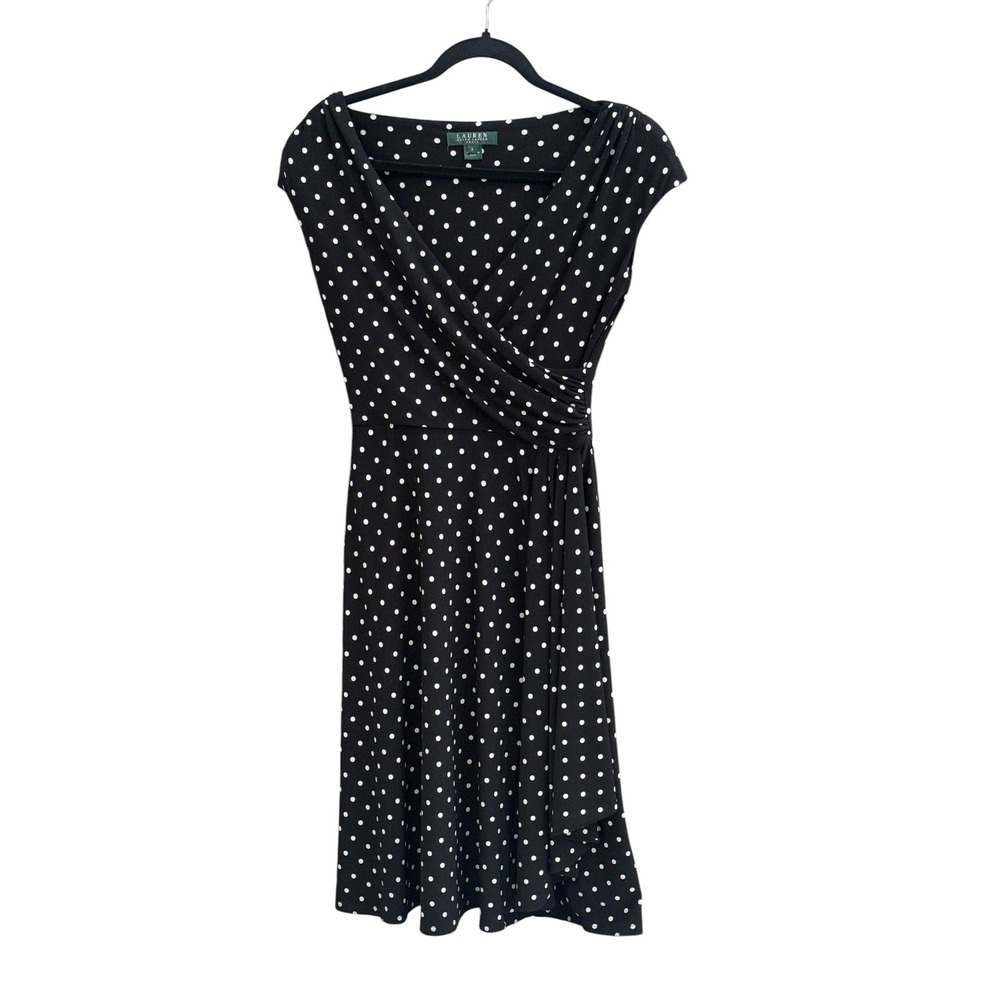 Lauren Ralph Lauren Polka Dot Faux Wrap Dress Black White Cap Sleeve Size 2